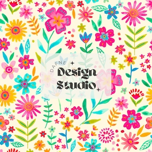 Padrão de flores sem costura, Padrão floral colorido, Padrão sem costura desenhado à mão, Design digital para uso comercial, Padrão para menina