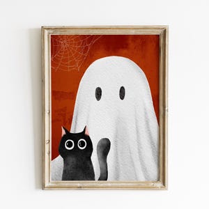 Halloween Ghost and Black Cat Portrait Wall Art Cute Spooky Autumn Printable Decor – Fall Digital Download – Vintage Halloween Art for Home