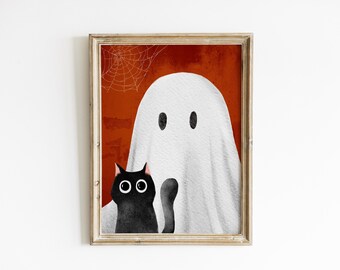 Halloween Ghost and Black Cat Portrait Wall Art Cute Spooky Autumn ...