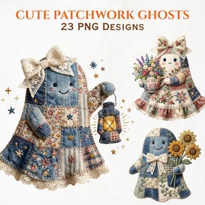 Puede incluir: Conjunto gráfico digital titulado CUTE PATCHWORK GHOSTS 23 PNG DESIGNS con tres ilustraciones de fantasmas hechas de tela de patchwork azul y floral. Un fantasma sostiene una linterna, otro un ramo de flores y otro sostiene girasoles.