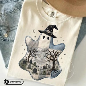 Patchwork Ghost PNG Spooky Graveyard Sublimation Design, Faux Embroidery Witch Hat Ghost DTF, Coquette Halloween Shirt PNG Download