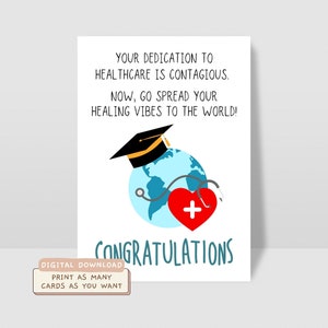 Tarjeta imprimible de graduación de medicina, tarjeta de felicitación para médicos, tarjeta divertida de graduación de enfermeras, tarjeta digital de atención médica para graduados de STEM