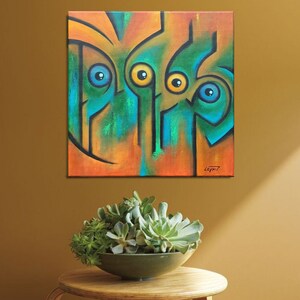 Abstract owls. Colorful acrylic painting on stretched canvas. Original artwork. 40×40cm.