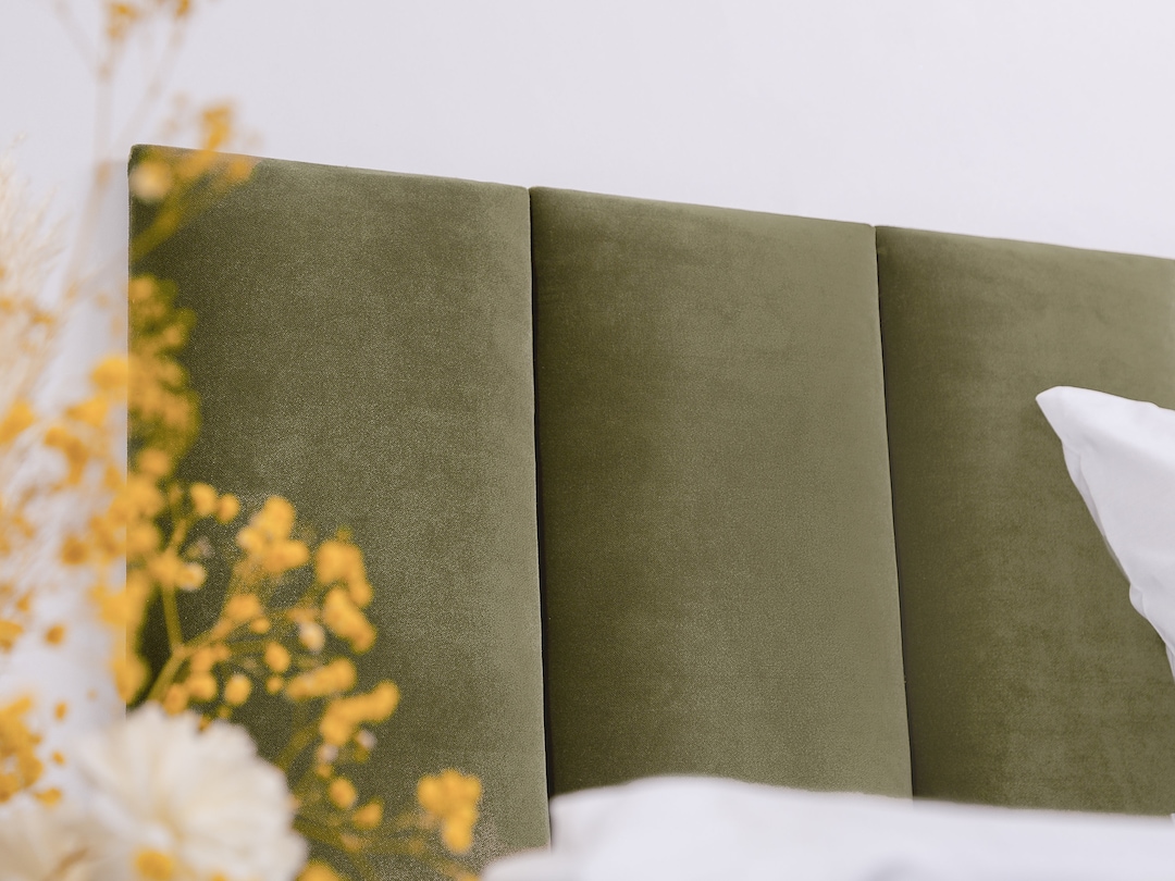 Olive Green Headboard, Upholstered Soft Wall Panel, Velvet Custom