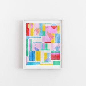 Neon Cranes Print, Crane Art Print, Korean Art, Traditional Korean Wall Decor, Hanok, Geometric Art