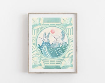 Celadon Cranes Art Print, Traditional Korean Art, Korean Celadon, Crane Art, Korean Wall Decor, Korean Folk Wall Art