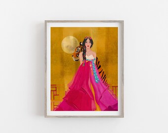 Modern Hanbok Art Print, Korean Tiger Art, Tiger Wall Decor, Korean Hanbok Dress, Hanbok Art, Traditional Korean Art, Hanok