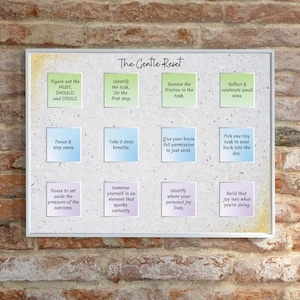 May include: A white framed noticeboard with the title "The Gentle Reset" and numerous colourful sticky notes. The notes feature phrases such as "Figure out the MUST, SHOULD, and COULD" and "Identify the task. Do the first step."