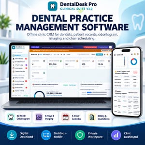 Puede incluir: Software de gestión de clínica dental DentalDesk Pro Clinical Suite V3.0 mostrado en un portátil y un smartphone. La interfaz muestra un panel con registros de pacientes, odontograma, imágenes y programación de sillones en formato digital.