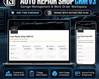 Auto Repair Shop CRM Notion Template | Garage Management & Mechanic Work Order System