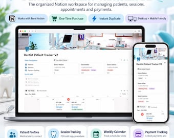 Dentist Patient Tracker for Notion | Dental Practice Template with Sessions, Appointments & Payments
