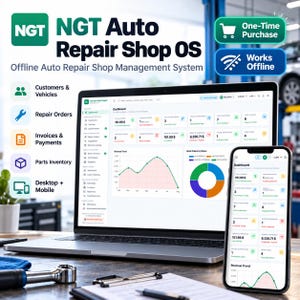 Puede incluir: Un ordenador portátil y un smartphone que muestran el panel de control NGT Auto Repair Shop OS. El software incluye módulos para clientes, vehículos, órdenes de reparación, facturas, pagos e inventario de piezas, con gráficos de ingresos.