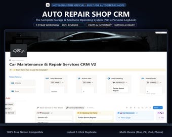 Auto Repair Shop CRM | Mechanic Work Order & Customer Tracker (Notion Template)