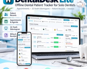 Offline Dentist Software Lite | Dental Patient Tracker , 32-Tooth Odontogram, Appointments & Invoices for Solo Dentists