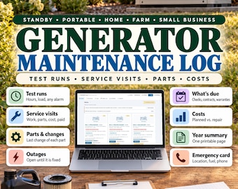 Generator Maintenance Tracker App, Service Records & Repair Log, Fuel Log, Standby - Portable, Printable Binder