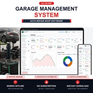 May include: A digital garage management system software for auto repair shops displayed on a computer monitor and smartphone. The interface shows a dashboard with financial data, work orders, revenue trends, and a pie chart for status tracking.