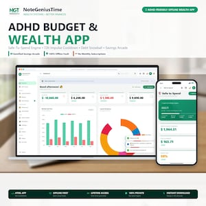 Könnte beinhalten: Ein Laptop und ein Smartphone mit der Benutzeroberfläche der NoteGeniusTime ADHD Budget & Wealth App. Die Bildschirme zeigen Finanz-Dashboards mit Balkendiagrammen, einem Ringdiagramm und numerischen Daten, einschließlich Safe-to-Spend-Beträgen.