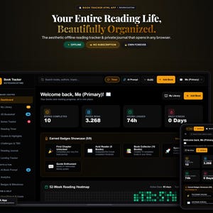 May include: A digital book tracker interface displayed on a laptop and smartphone screen. The dark-themed dashboard features text including Your Entire Reading Life, Beautifully Organized, Book Tracker, and statistics for books completed, pages read, and hours logged.