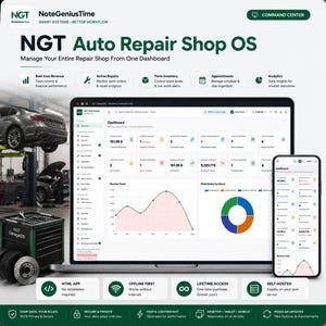 May include: A digital dashboard interface for NGT Auto Repair Shop OS displayed on a laptop and smartphone. The screen shows financial metrics, revenue trends, work orders, and inventory data with a clean, professional layout for shop management.