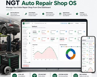 NGT Auto Repair Shop Os, Offline Garage Management Software, HTML Crm, Work Orders, Inventory, Invoices, Self Hosted, Lifetime License
