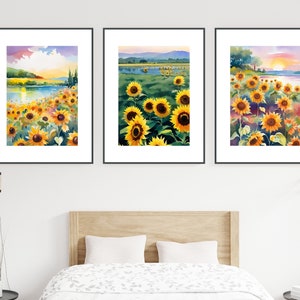 Sunflowers Wall Art Set of 3 | Colorful Floral Watercolor Prints | Botanical Print Set | Printable Art | Printable Wall Art Set of 3 | DIY
