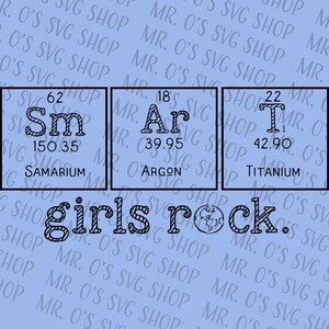 Puede incluir: Un fondo azul con tres elementos de la tabla periódica: Samario (Sm), Argón (Ar) y Titanio (Ti). El texto "girls rock." está escrito debajo de los elementos.