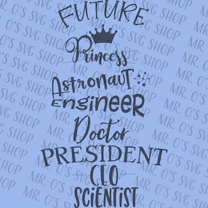 Puede incluir: Un fondo azul con el texto "Future Princess" en negro con una corona sobre la palabra "Princess". Debajo del texto están las palabras "Astronaut", "Engineer", "Doctor", "President", "CEO" y "Scientist" en negro.
