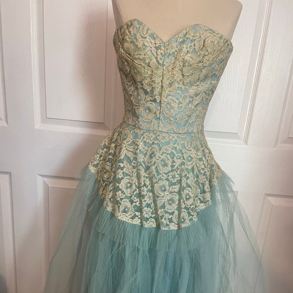1960s Vintage Prom Teal Formal Dress Prom Dress, Antique Dress Tulle