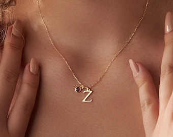 14k Gold Initial Necklace with Birthstone, Personalized Necklace Gift, Letter Jewelry for Mom, Birthday Gift for Her Unique, Christmas Gifts