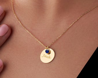 Dainty Disc Birthstone Necklace, Personalized Engraved Necklace, Custom Gold Jewelry for Her, Minimal Gift for Women, Birthday Gift for Her