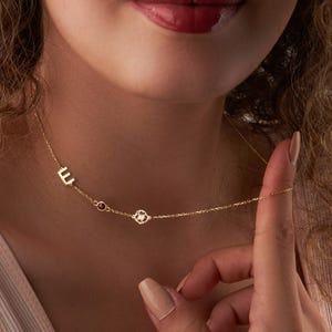 14K Gold Plated Initial Necklace with Birthstone, Personalized Birth Flower Necklace for Women, Custom Sideway Necklace, Christmas Gifts