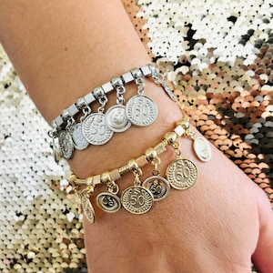 Gold Money Bracelet, Silver Money Bracelet, Gold Coin Money Bracelet, Silver Coin Charm Bracelet, Prosperity Jewelry, Gold Mesh Bracelet