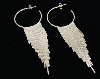 Silver Fringe Earrings, Waterfall Earrings, Long Dangle Earrings, Fringe Earrings, Hoop Fringe Earrings, Tassel Earrings,