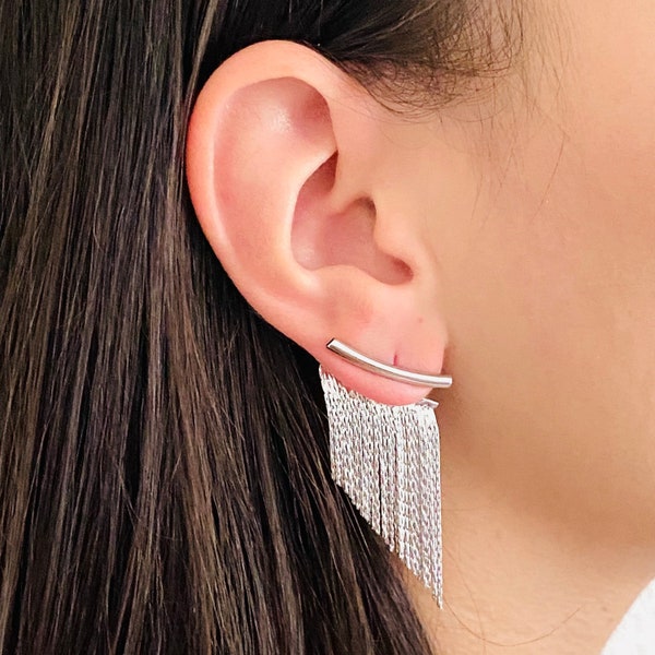 Silver Fringe Earrings, Silver Tassel Earrings, Small Dangle Earrings, Hoop Fringe Earrings, Tassel Earrings,  Small Fringe Earrings