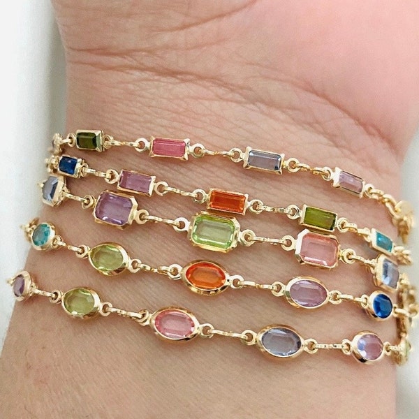 Baguette Bracelet, Crystal Bracelet, Gemstone Bracelet,  Layering Bracelet, Colorful Charm, Cubic Zirconia Bracelet, Multicolor Bracelet