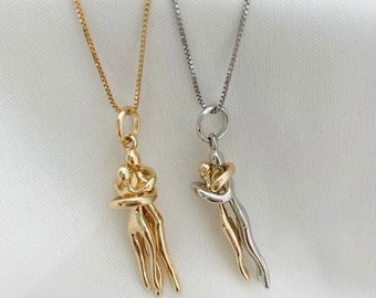Hugging Couple Necklace, Lovers Necklace, Dancing Couple Necklace, 18K Gold Filled Couple Pendant Necklace, Anniversary Gift, Wedding Gift