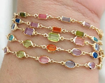 Baguette Bracelet, Crystal Bracelet, Gemstone Bracelet,  Layering Bracelet, Colorful Charm, Cubic Zirconia Bracelet, Multicolor Bracelet