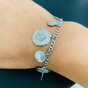Dove Bracelet, Silver Coin Bracelet, Prayers Charm Bracelet, Religious Coin Bracelet, Religious Medal Bracelet, Saint Charm Bracelet,