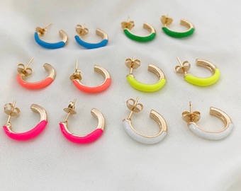 Neon Enamel Hoop Earrings, Colorful Huggie Hoops, Small Enamel Hoops, 18K Gold Filled Earrings, Summer Jewelry, Earrings for Girls