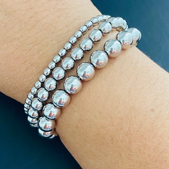 アクセサリー Silver Beaded Bracelet / Medium Silver Layering Bead Bracelet Set, Satellite Bracelet