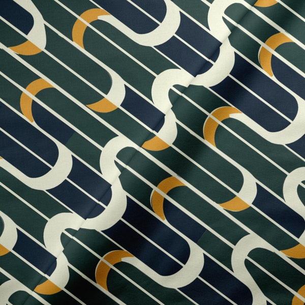 Wavy Green Yellow and Navy: Retro 60s Mid Century- Upholstery, Curtains, Bedrooms, Cushions, Tote Bags, Dressmaking