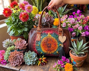 Handcrafted  Mayan Calendar Leather Medium Bag Gifts for her