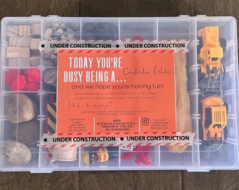 Construction Busy Box/Sensory Kit including hand painted peg people and nontoxic playdough, Sensory play, Playdough kit, Kids gift