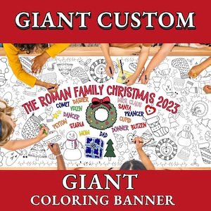 May include: A large, white coloring banner with a Christmas theme. The banner features a wreath, a snowman, a Christmas tree, and a stocking. The text "The Roman Family Christmas 2023" is printed on the banner.