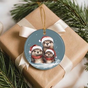Otter Family of 3 Ornament • Christmas Tree Decoration • Woodland Animal Holiday Decor • Cute Otter Gift • Cozy Winter Santa Hat Keepsake