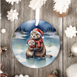 Personalized Otter Ornament • Custom Name Couple Christmas Ornament • Parent & Baby Otter Family Keepsake • 2025 Woodland Holiday Decor Gift