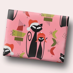 MCM Christmas Cat Wrapping Paper Black Atomic Cat Christmas Paper 1970s Kitschy Christmas Funny Wrapping Paper