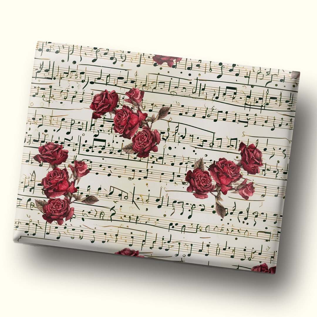 Sheet Music Wrapping Paper Red Roses Musical Gift Wrap Floral Craft