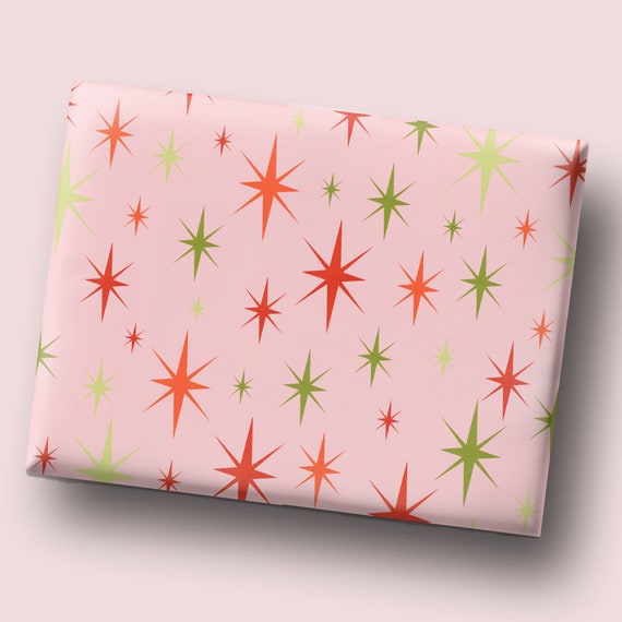 Pink Wrapping Paper Retro Wrapping Paper Retro Stars 1950s Christmas Wrapping Paper Gift Wrap and Craft Paper