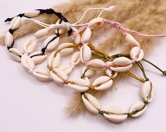 2 Stück Muschel Armband & Fußkette Set - Natürliche Kaurimuschel Schwarz Weiß
